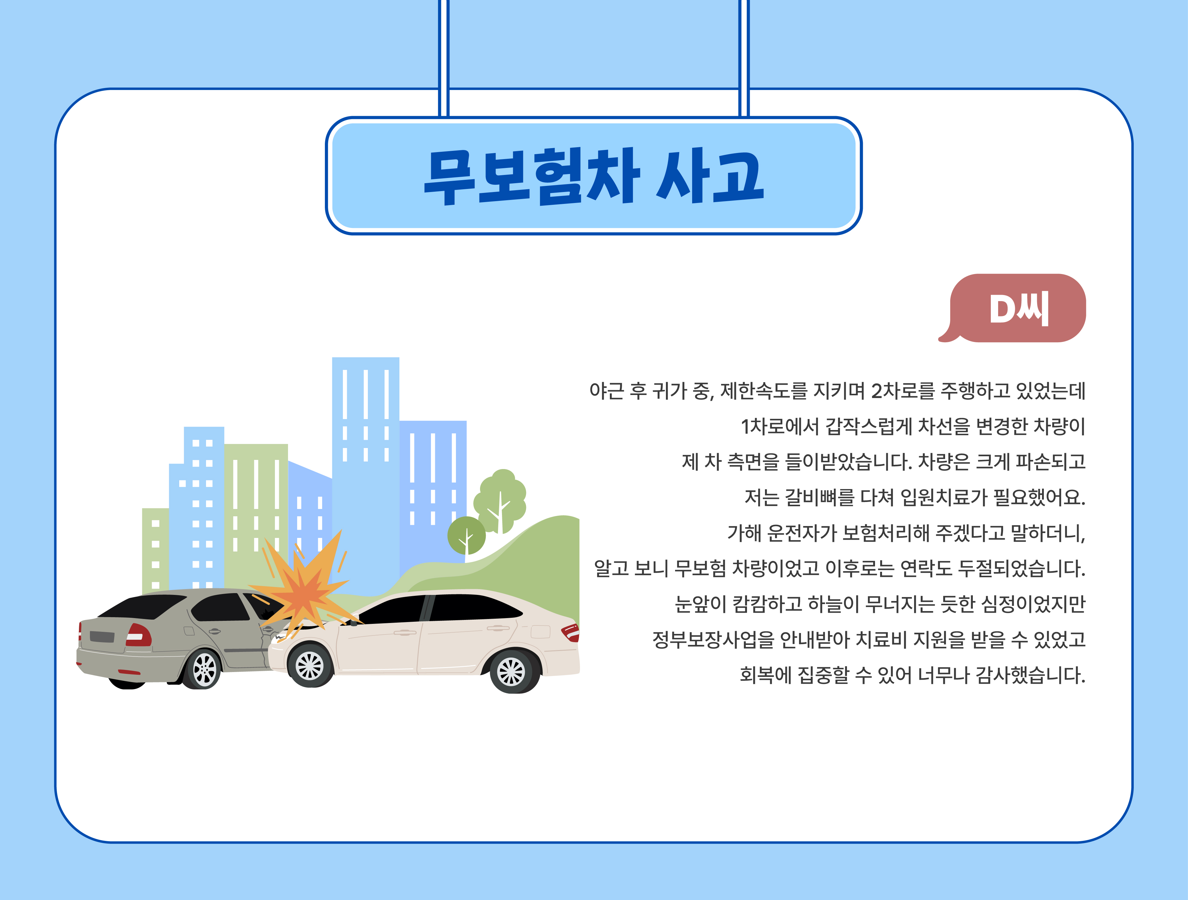 무보험차 사고(D씨) - 야근 후 귀가 중, 제한속도를 지키며 2차로를 주행하고 있었는데 1차로에서 갑작스럽게 차선을 변경한 차량이 제 차 측면을 들이받았습니다. 차량은 크게 파손되고 저는 갈비뼈를 다쳐 입원치료가 필요했어요.가해 운전자가 보험처리해 주겠다고 말하더니,알고 보니 무보험 차량이었고 이후로는 연락도 두절되었습니다. 눈앞이 캄캄하고 하늘이 무너지는 듯한 심정이었지만 정부보장사업을 안내받아 치료비 지원을 받을 수 있었고 회복에 집중할 수 있어 너무나 감사했습니다.