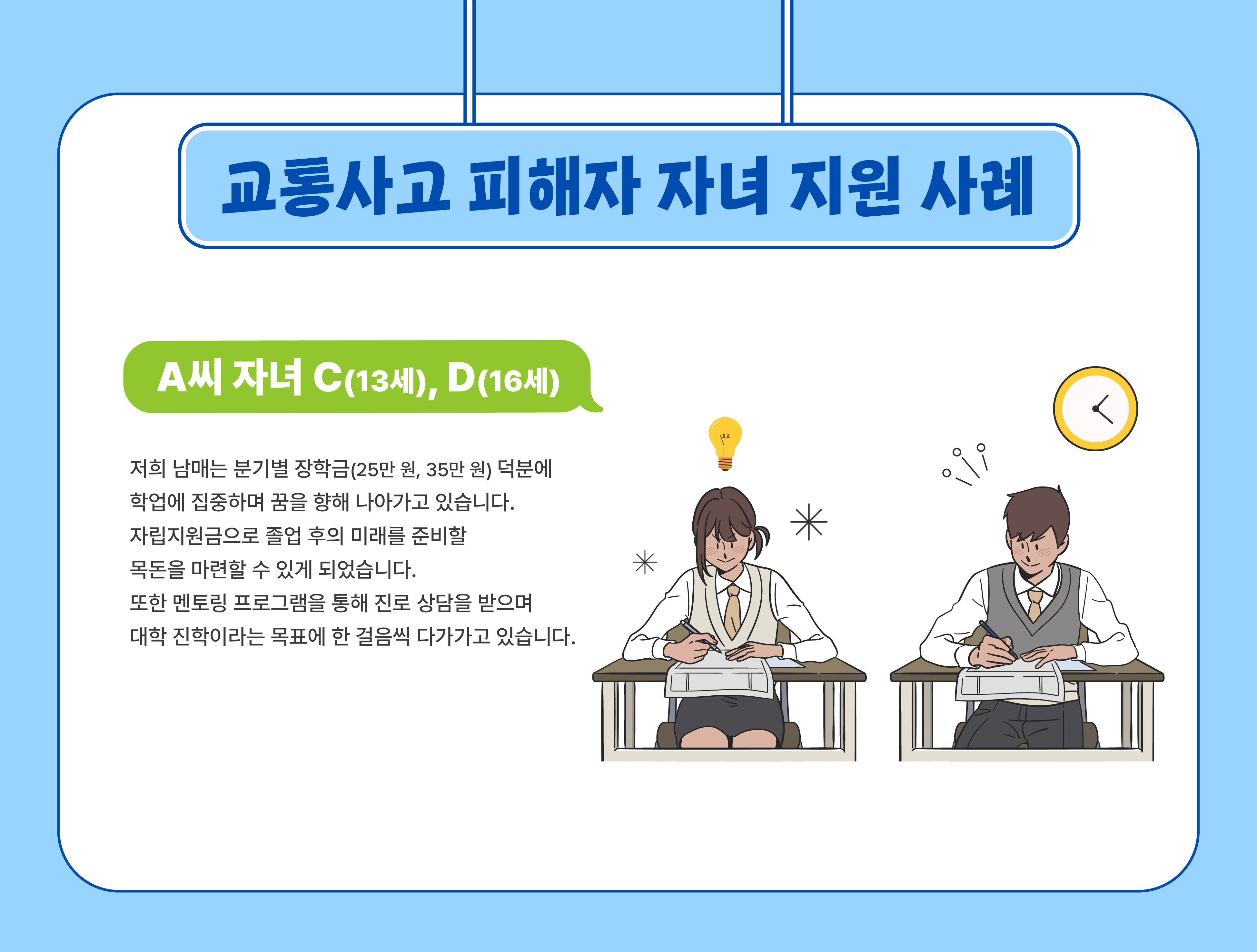 교통사고 피해자 자녀 지원 사례(A씨자녀 13세 C,16세 D) - 저희 남매는 분기별 장학금(25만 원, 35만 원) 덕분에 학업에 집중하며 꿈을 향해 나아가고 있습니다. 자립지원금으로 졸업 후의 미래를 준비할 목돈을 마련할 수 있게 되었습니다. 또한 멘토링 프로그램을 통해 진로 상담을 받으며 대학 진학이라는 목표에 한 걸음씩 다가가고 있습니다.